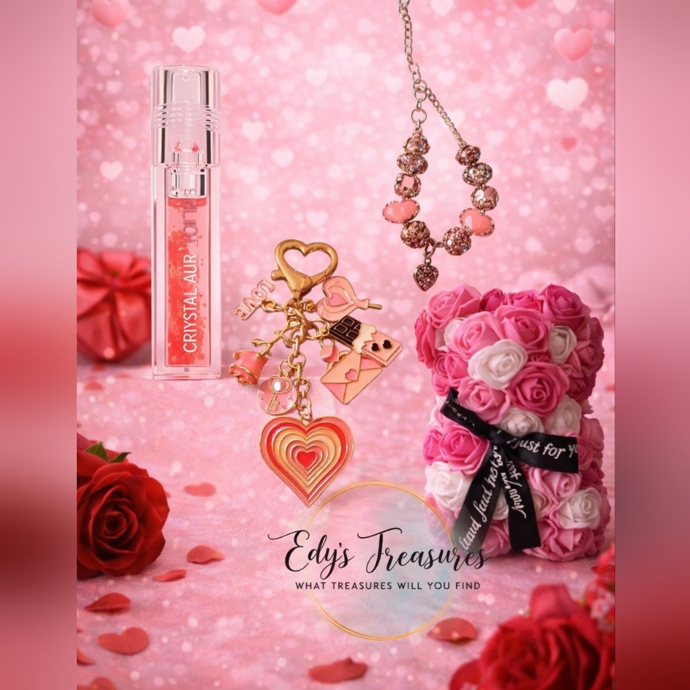 Pink Gift Set Crystal Aura Lip Oil Heart Keychain Bracelet & Rose Teddy